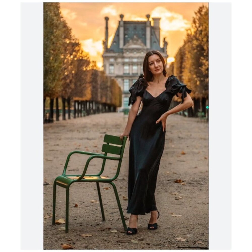 Selkie The Raven Poet Dress Womens XS Black Slip Puff Sleeve Maxi SKSCH1267